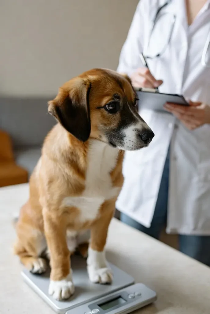 Pesée d’un chien pour déterminer le dosage du CBD