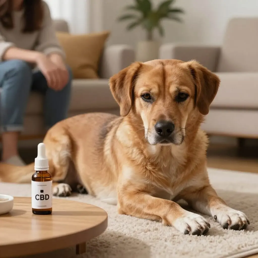 Chien stressé se détendant auprès de son propriétaire grâce au CBD.