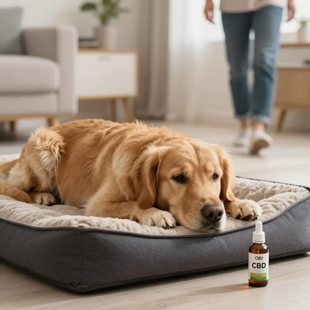 Chien calme malgré le départ de son propriétaire.