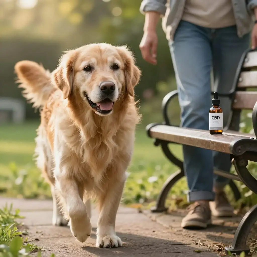 Chien âgé atteint d'arthrose profitant d'une promenade avec son propriétaire.