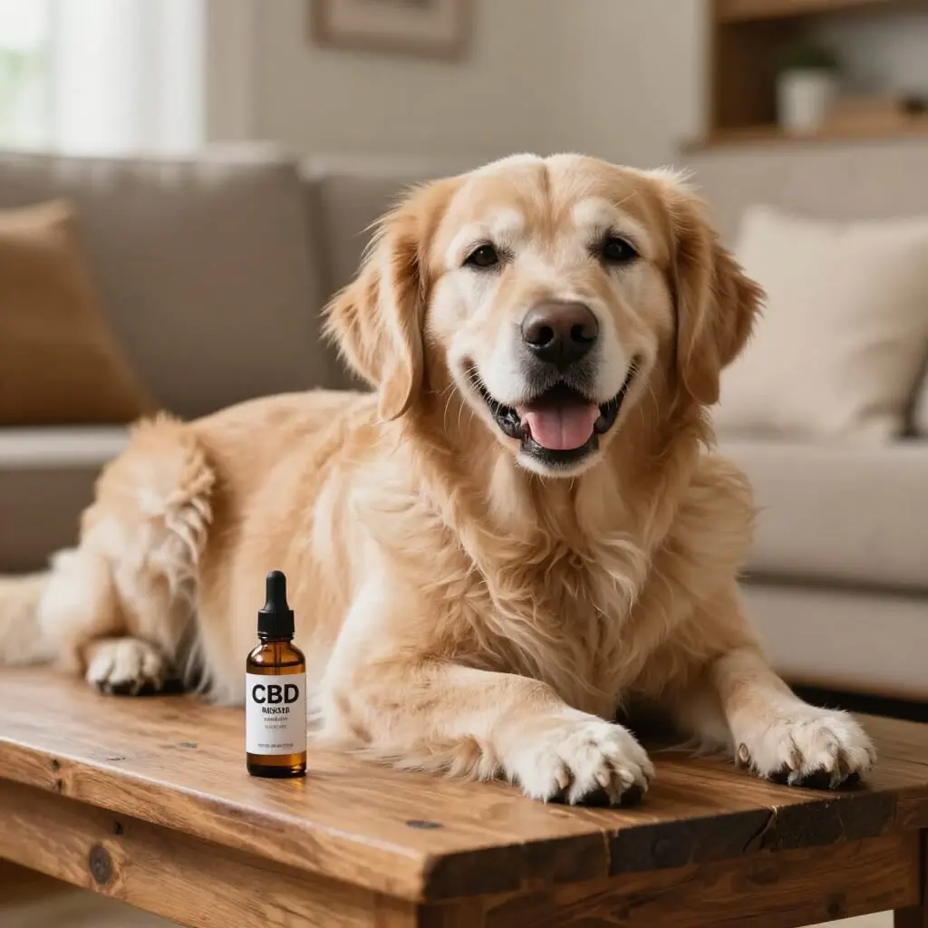 Chien âgé se reposant paisiblement près d'une huile de CBD.