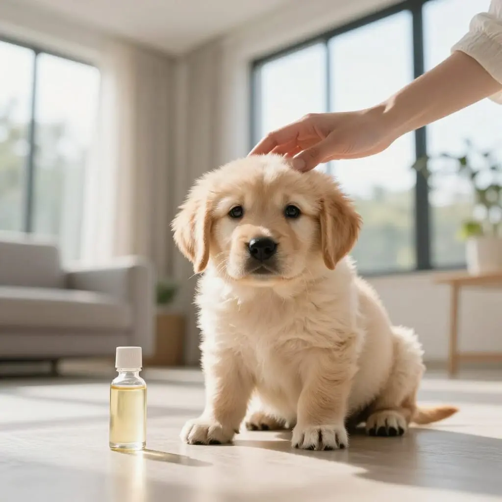 Jeune chiot à côté d'une huile de CBD.