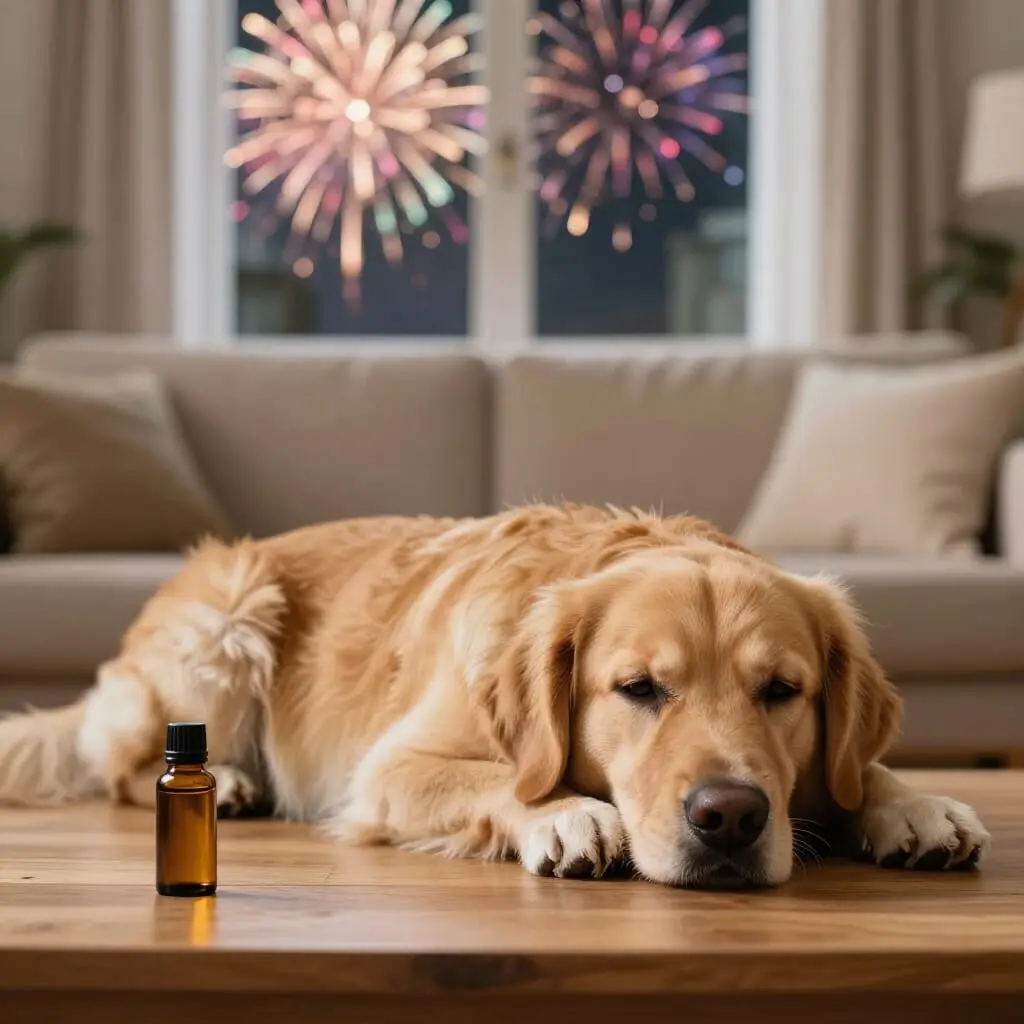 Chien restant calme pendant un feu d'artifice grâce à un environnement rassurant.