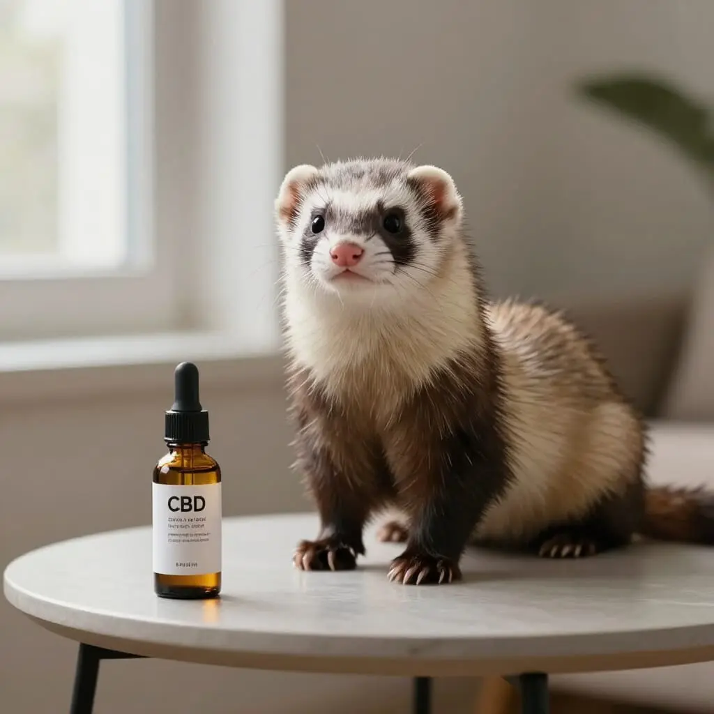 Furet domestique à côté d'une huile de CBD.