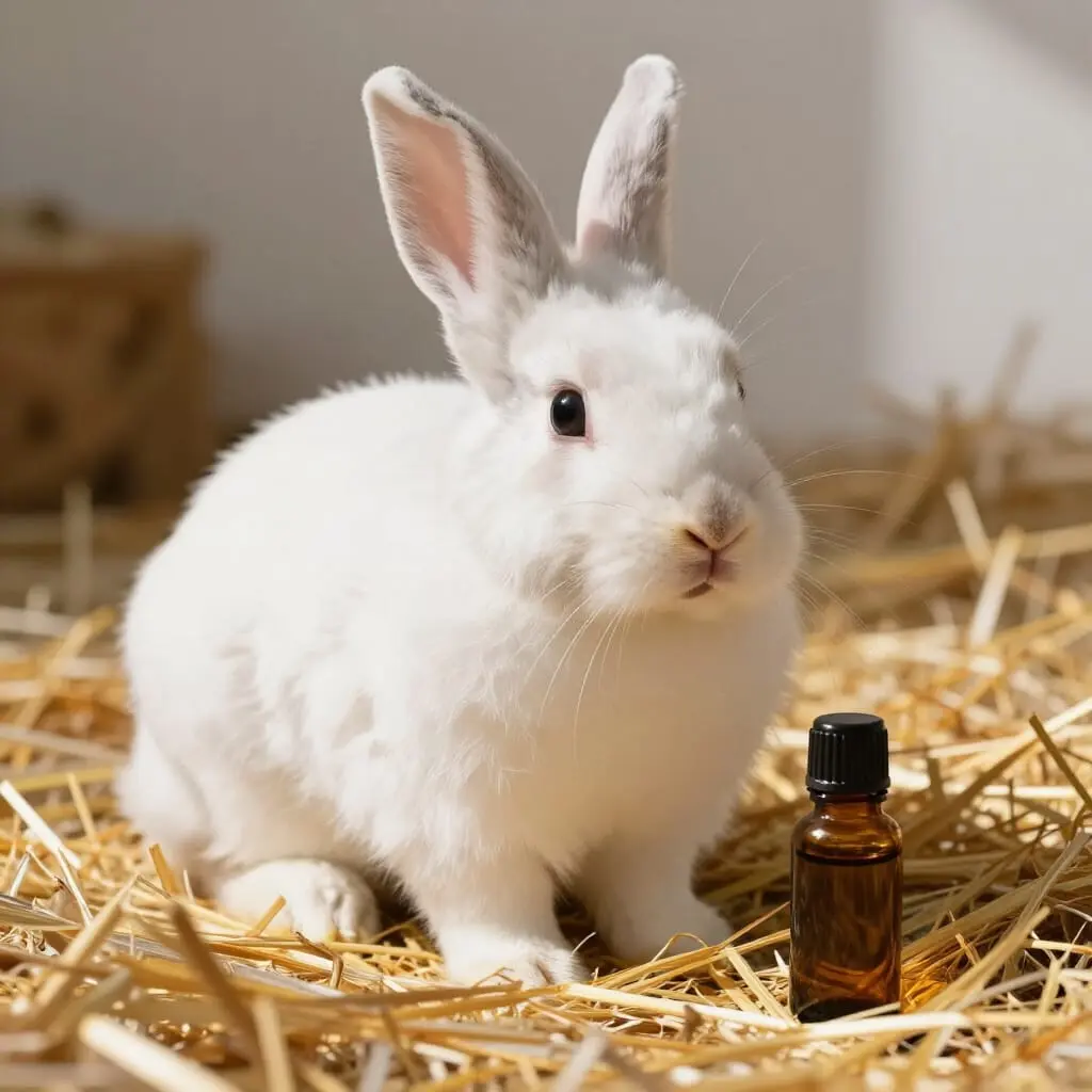 Lapin assis près d'une huile de CBD.