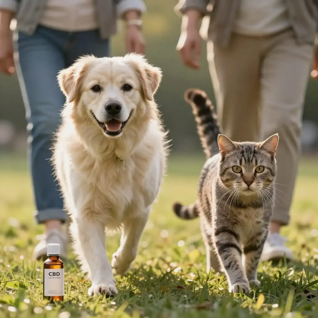 Chien et chat âgés profitant d'une meilleure mobilité lors d'une promenade.