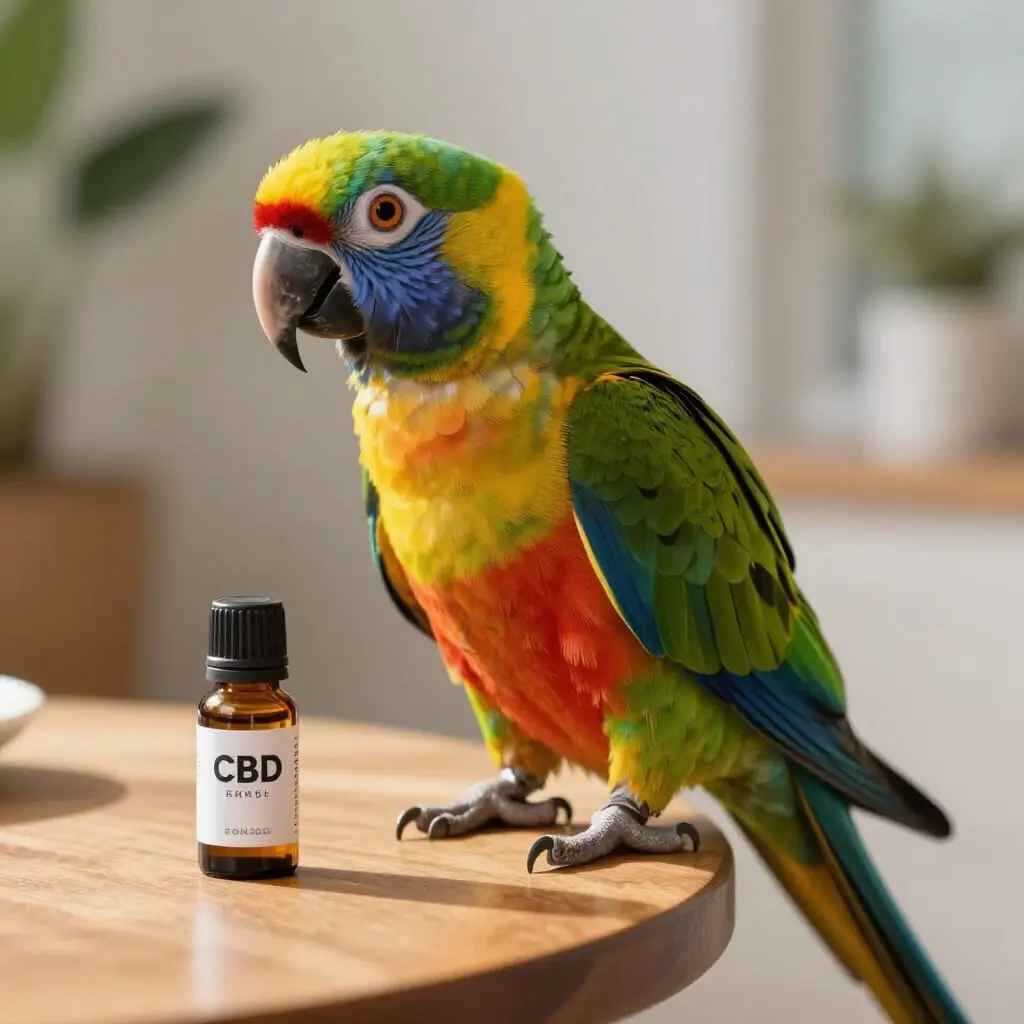 Perroquet à proximité d'une huile de CBD.
