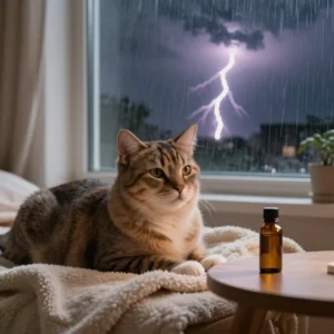 Chat restant calme pendant un orage dans un environnement rassurant.