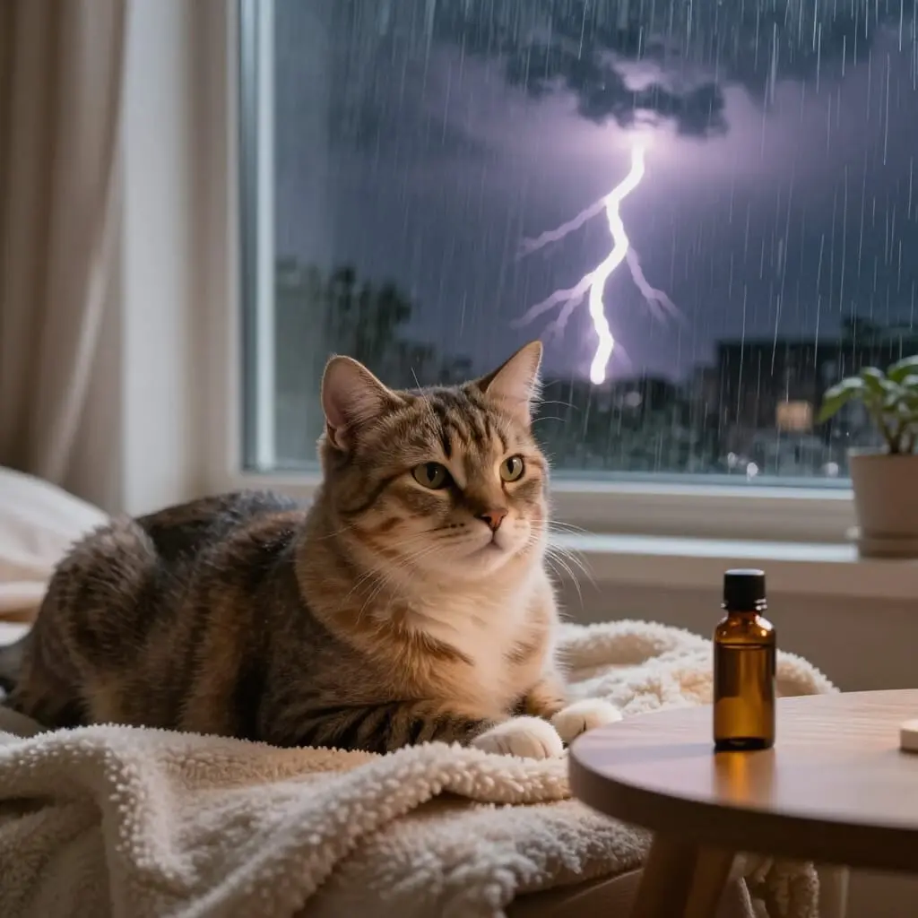 Chat restant calme pendant un orage dans un environnement rassurant.