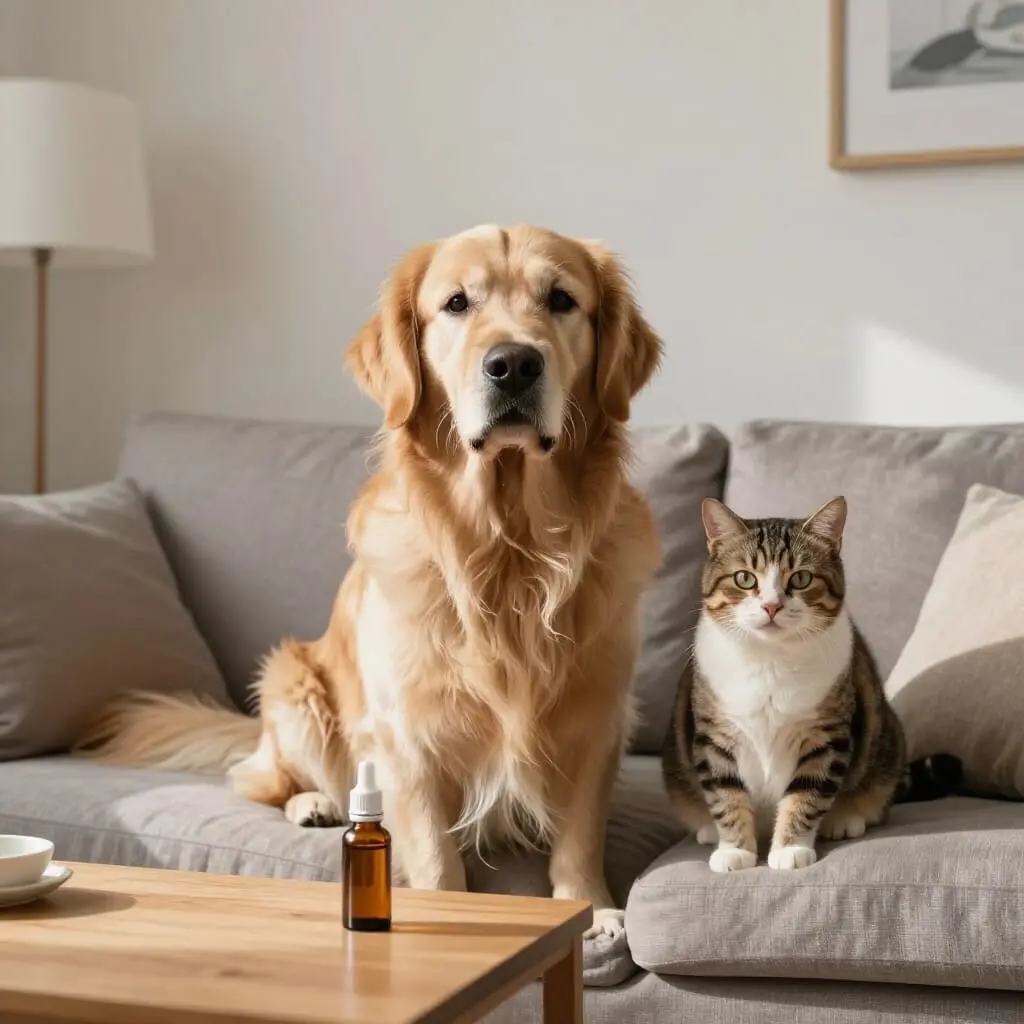 Chien et chat à côté d'une huile de CBD dans un environnement familial.