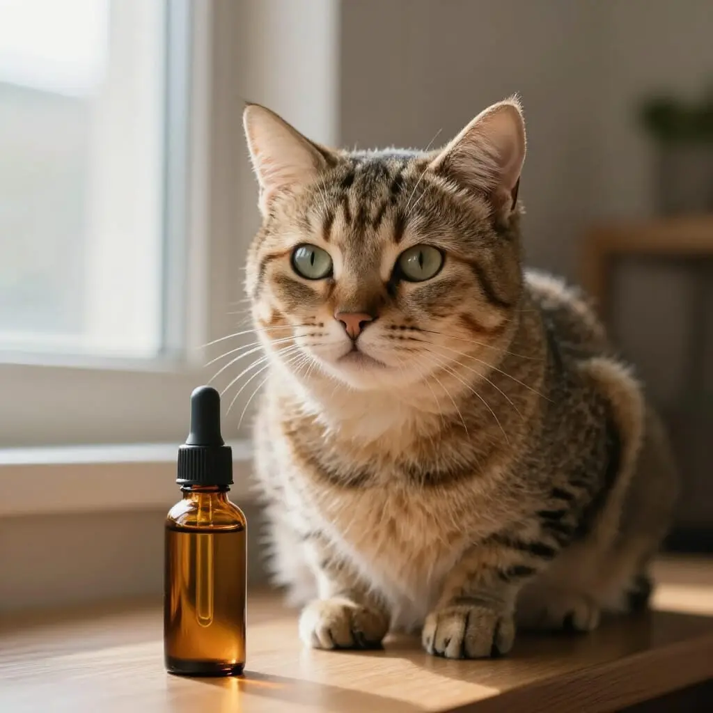 Chat assis à côté d'une huile de CBD.