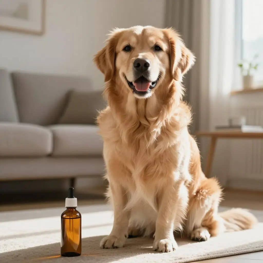 Chien assis à côté d'une huile de CBD.