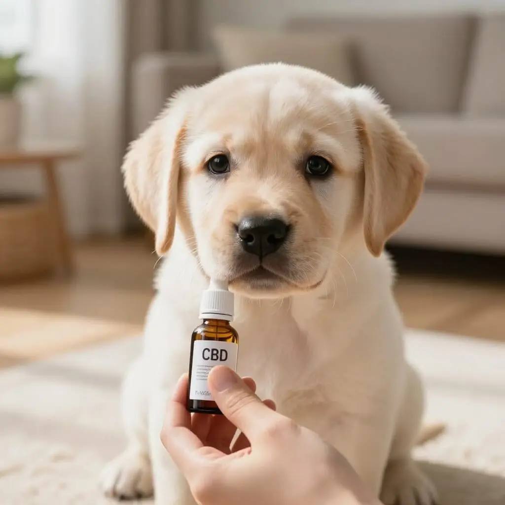 Jeune chiot observant une huile de CBD.