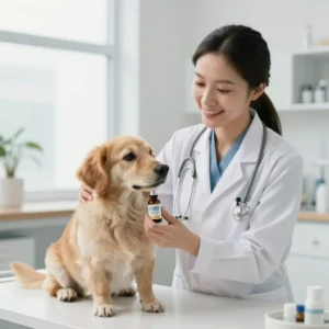 Vétérinaire examinant un chien avant l'utilisation d'une huile de CBD.