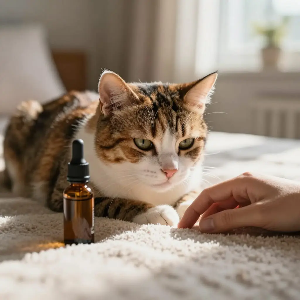 Chat détendu dans un environnement calme avec une huile de CBD à proximité.