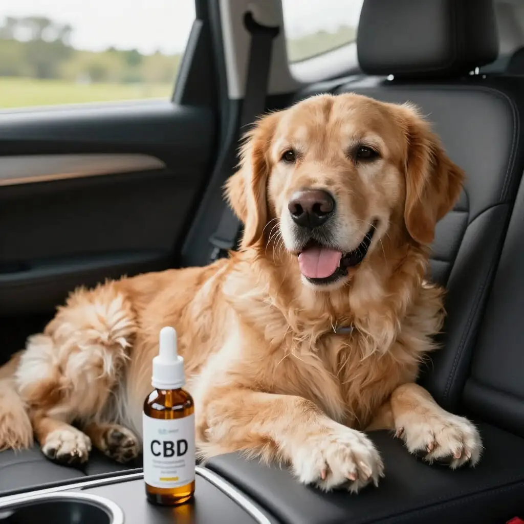 Chien détendu lors d'un trajet en voiture avec une huile de CBD.