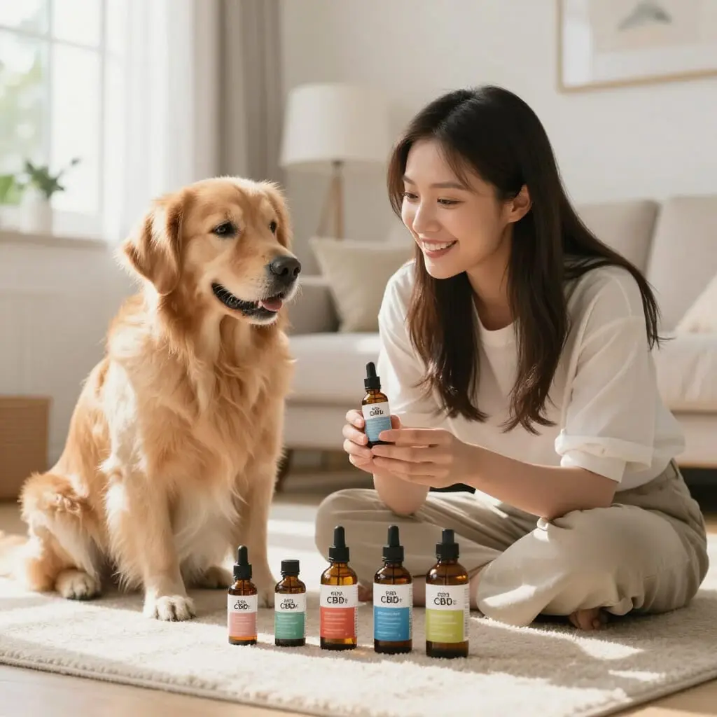 Propriétaire comparant plusieurs huiles de CBD pour son chien.