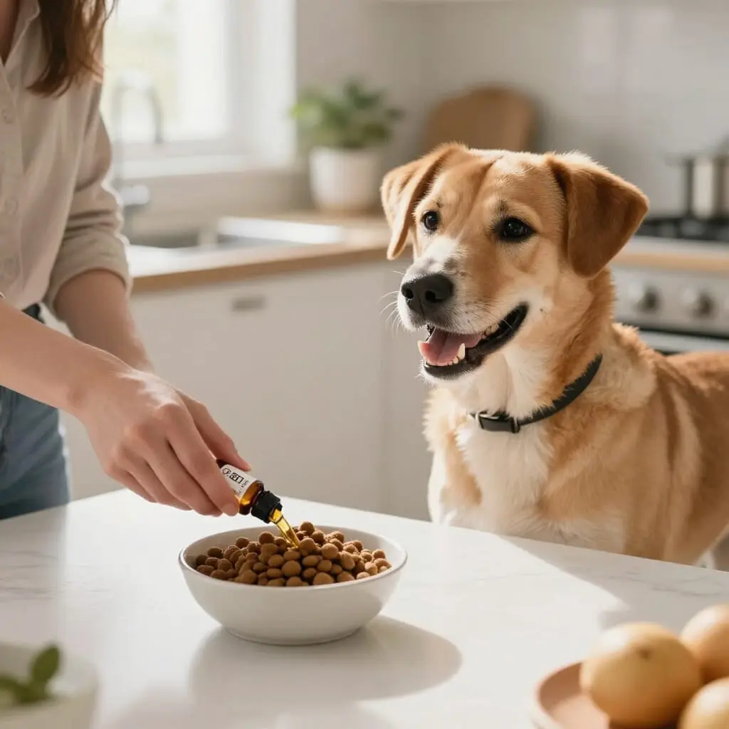 Propriétaire ajoutant du CBD dans la nourriture de son chien.