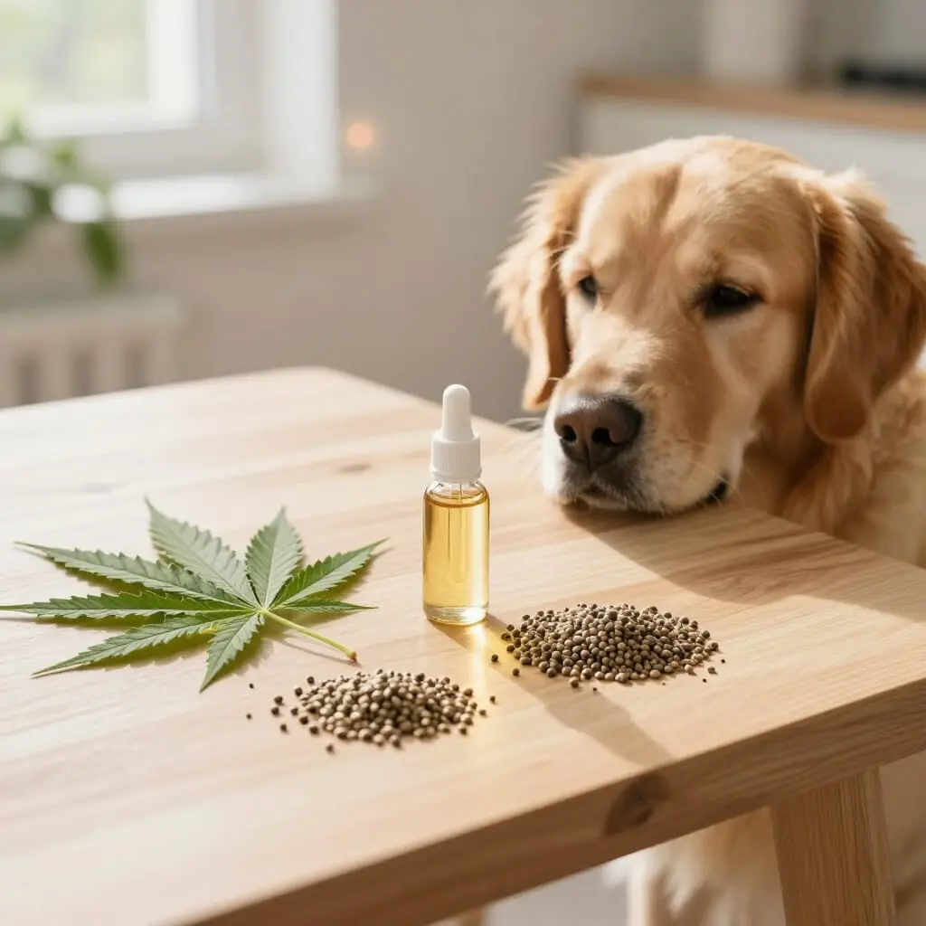 Huile de CBD et feuilles de chanvre près d'un chien.