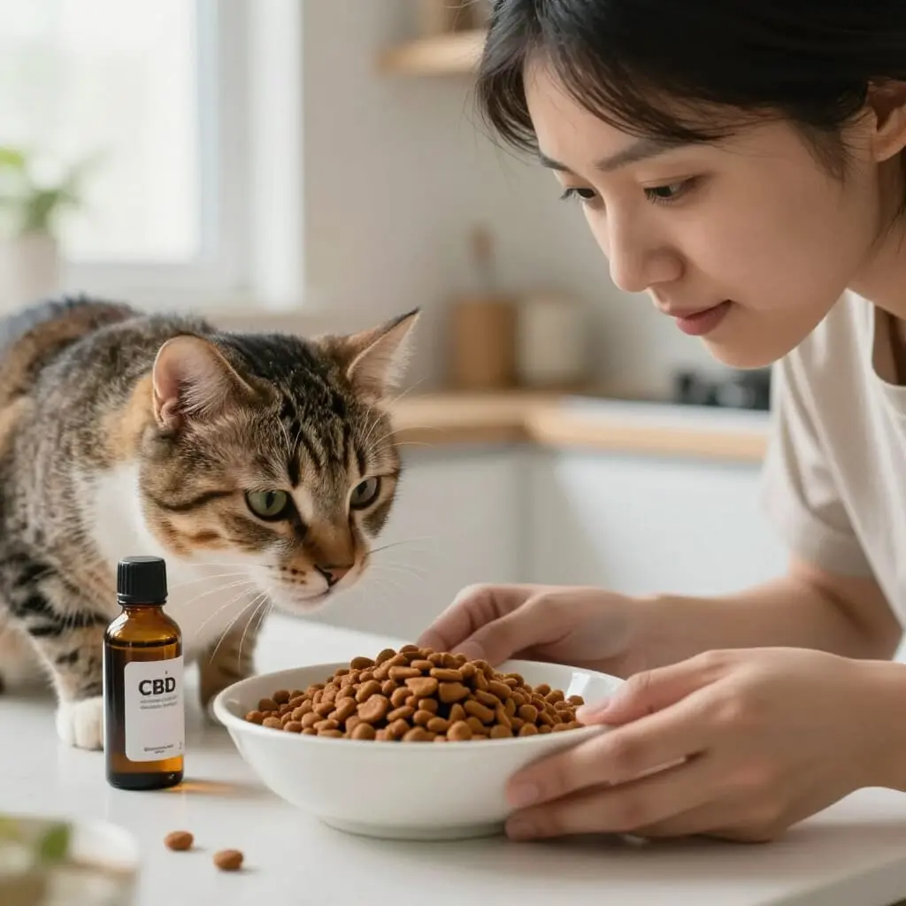 Propriétaire mélangeant du CBD dans la nourriture d'un chat.