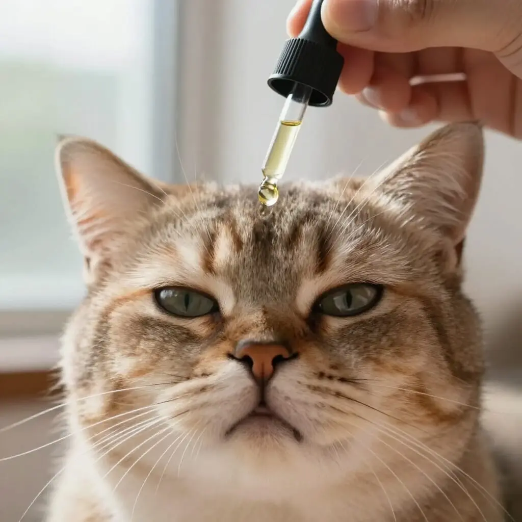 Administration d'une goutte de CBD à un chat.