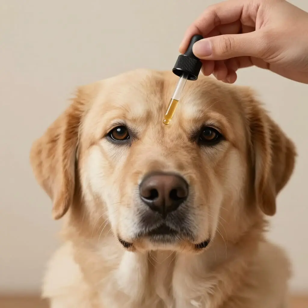 Administration de quelques gouttes de CBD à un chien.