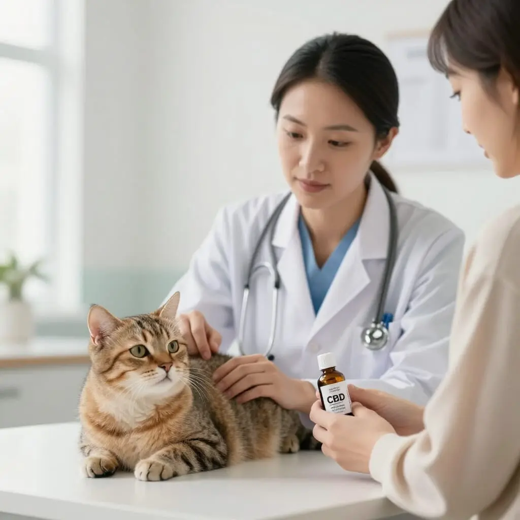 Vétérinaire examinant un chat avant l'utilisation d'une huile de CBD.