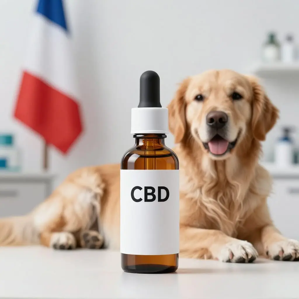 Huile de CBD pour animaux avec un drapeau français en arrière-plan.