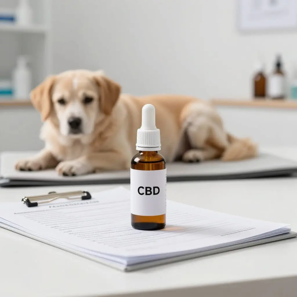 Documents vétérinaires et huile de CBD pour animaux.