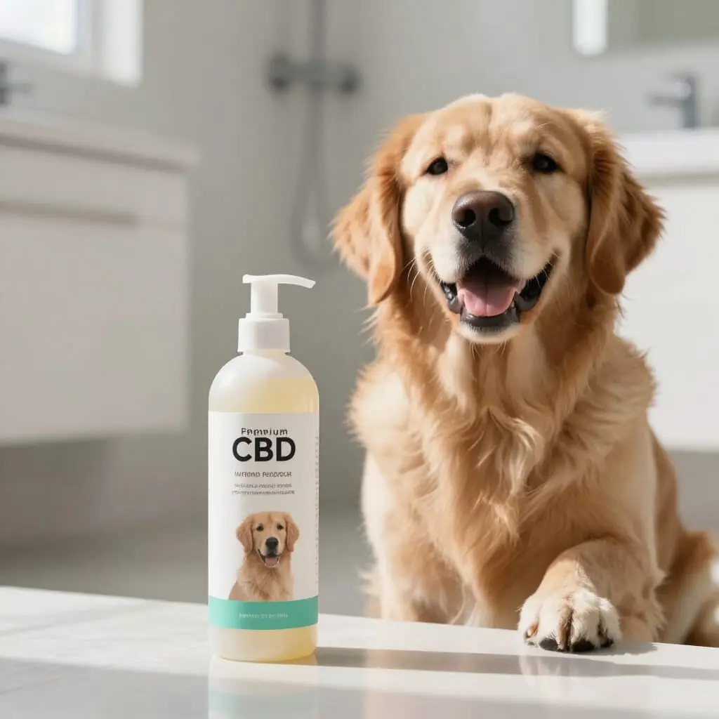 Shampoing au CBD pour chien dans une salle de bain.