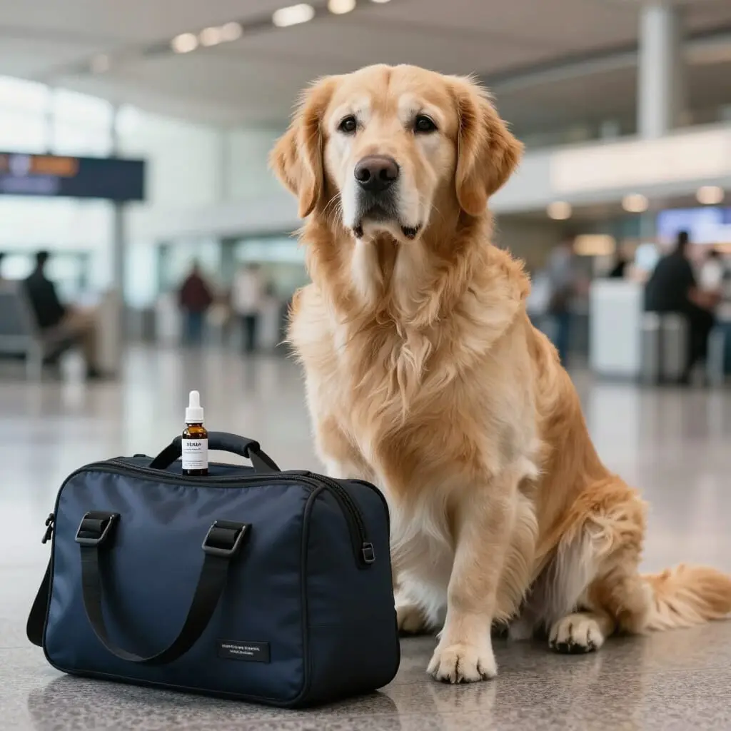 Chien prêt à voyager avec une huile de CBD.